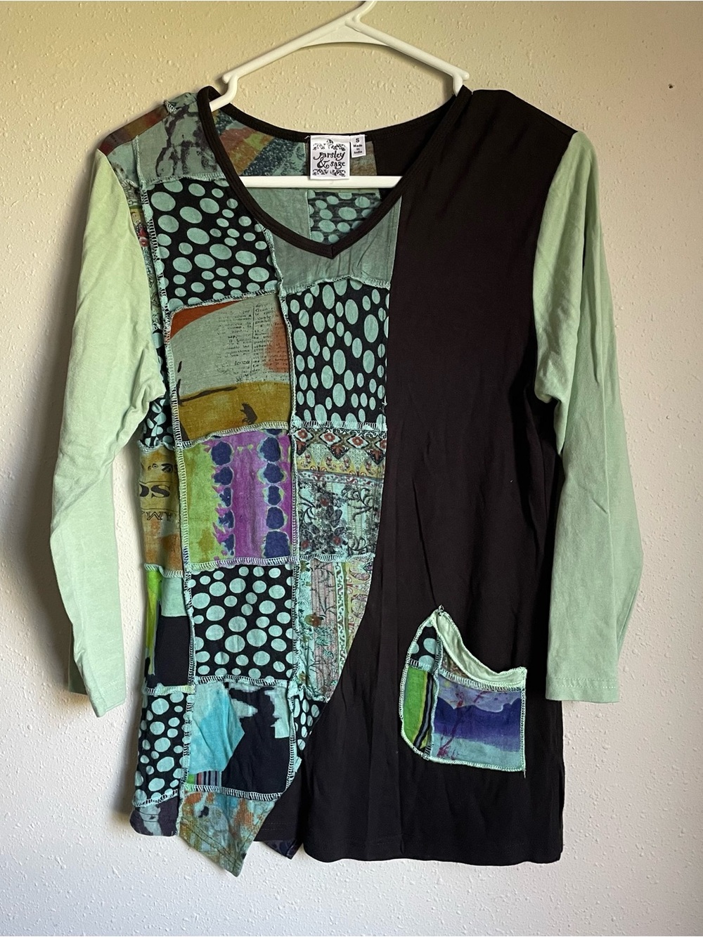 Parsley and Sage Boho Patchwork Print Tunic Top with Mint Sleeves